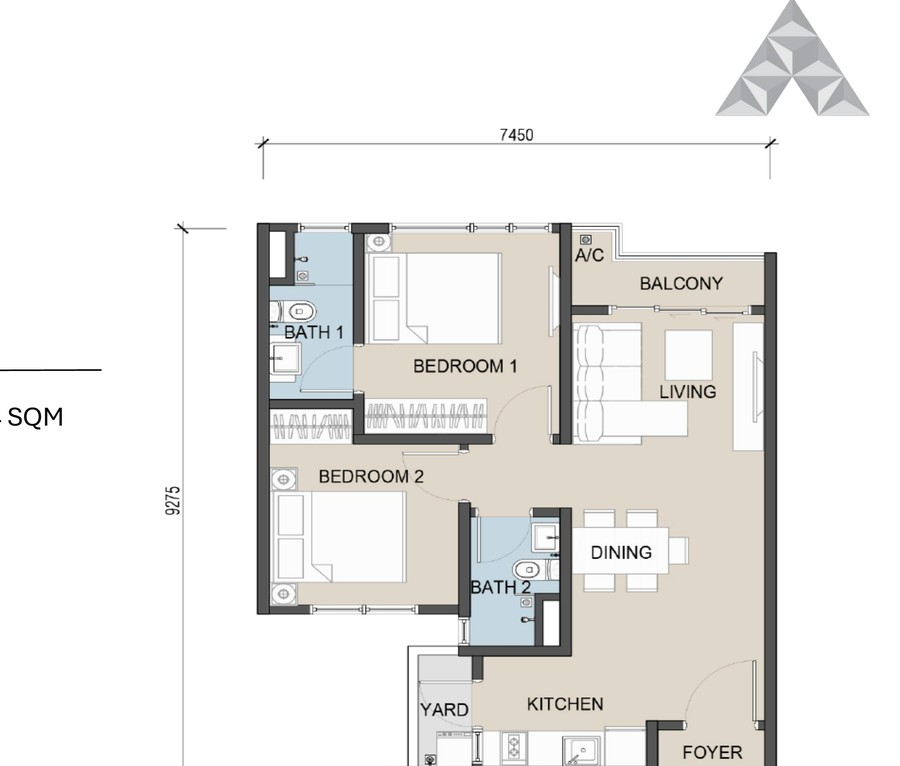 Type B1 floor plan — 2 bedroom 660 sqft The Address JB Maxim Pelangi