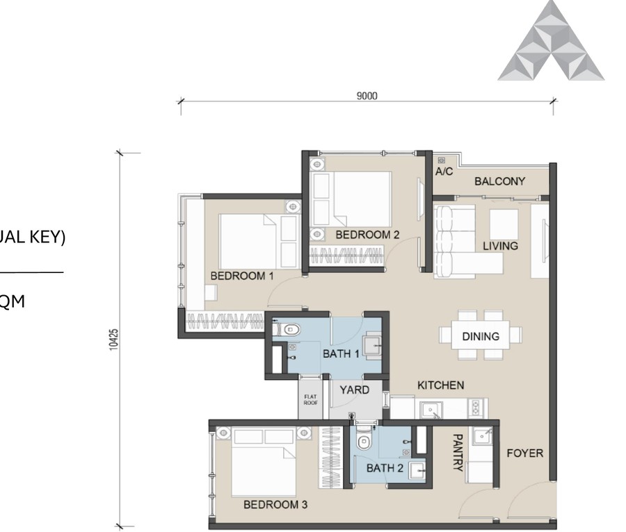 Type C dual key floor plan — 3 bedroom 865 sqft The Address JB Maxim Pelangi